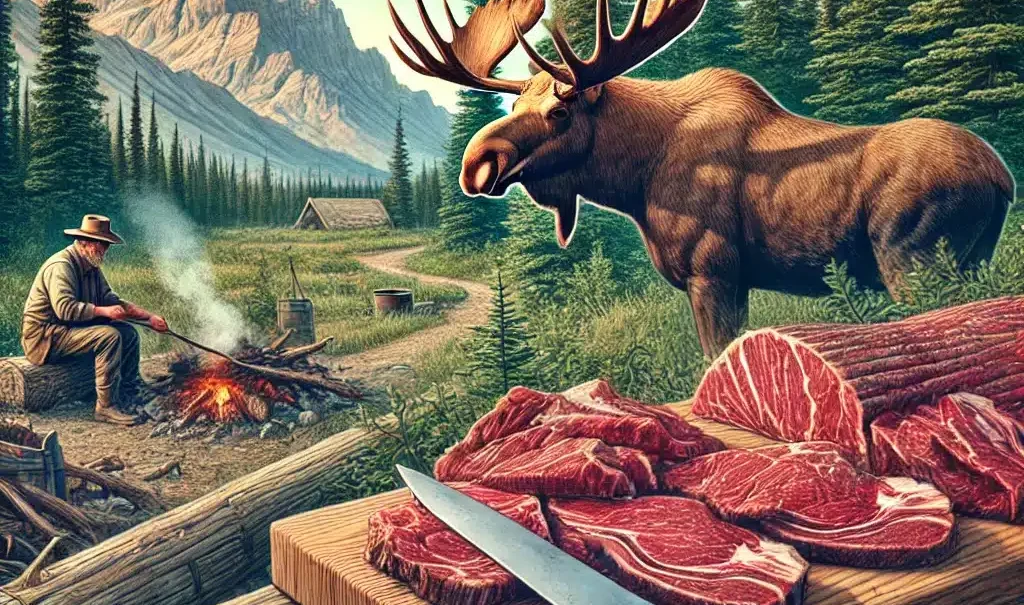 elk meat, deer meat, bull moose meat, beef steak from beef cattle, pork fat, moose steak